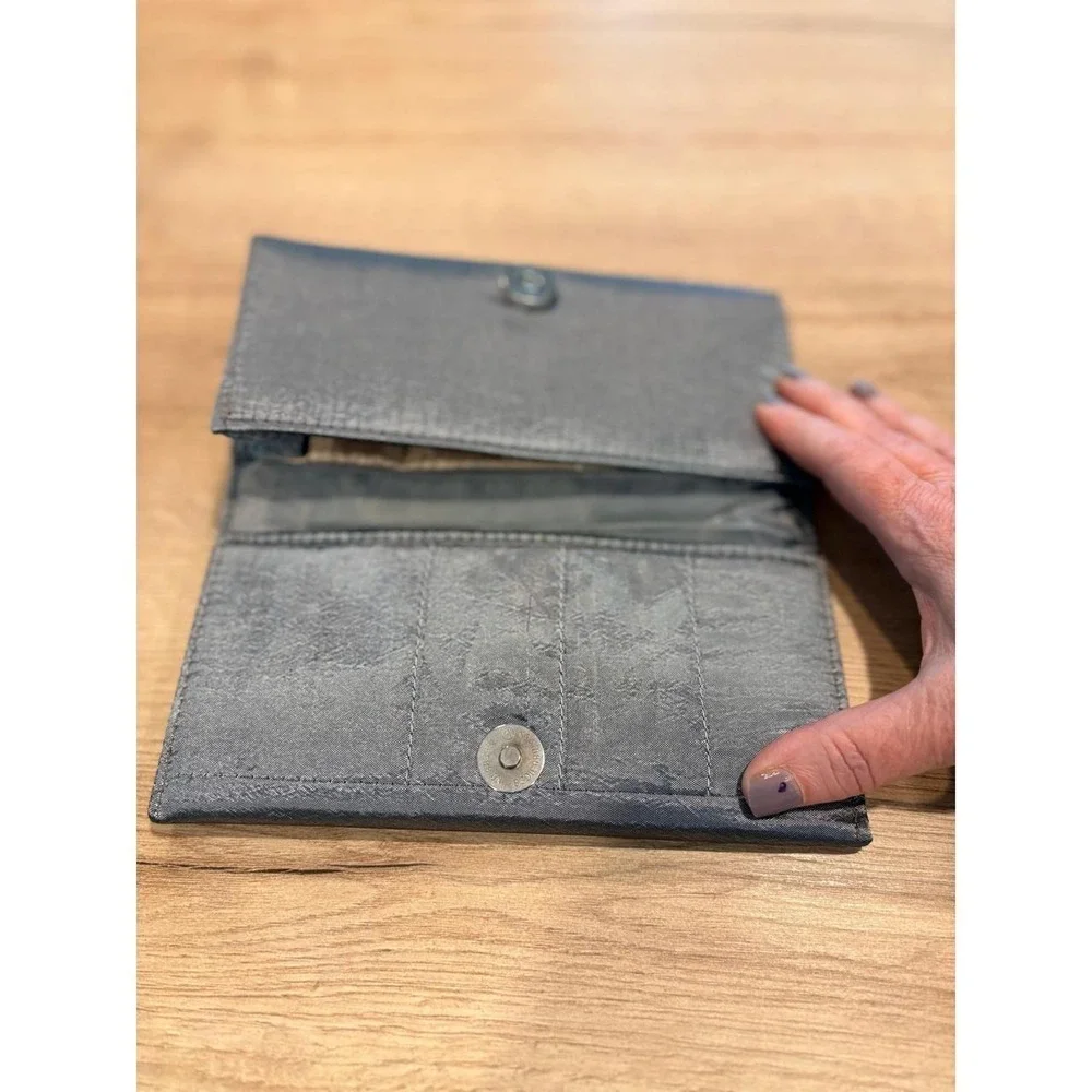 Floral Embroidered Gray Satin Clutch Wallet Magnetic Snap Organizer